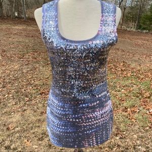 AUBERGINE TOP TANK GRAY BLUE PRINT SILVER SEQUINS SCOOP NECK SIZE XL